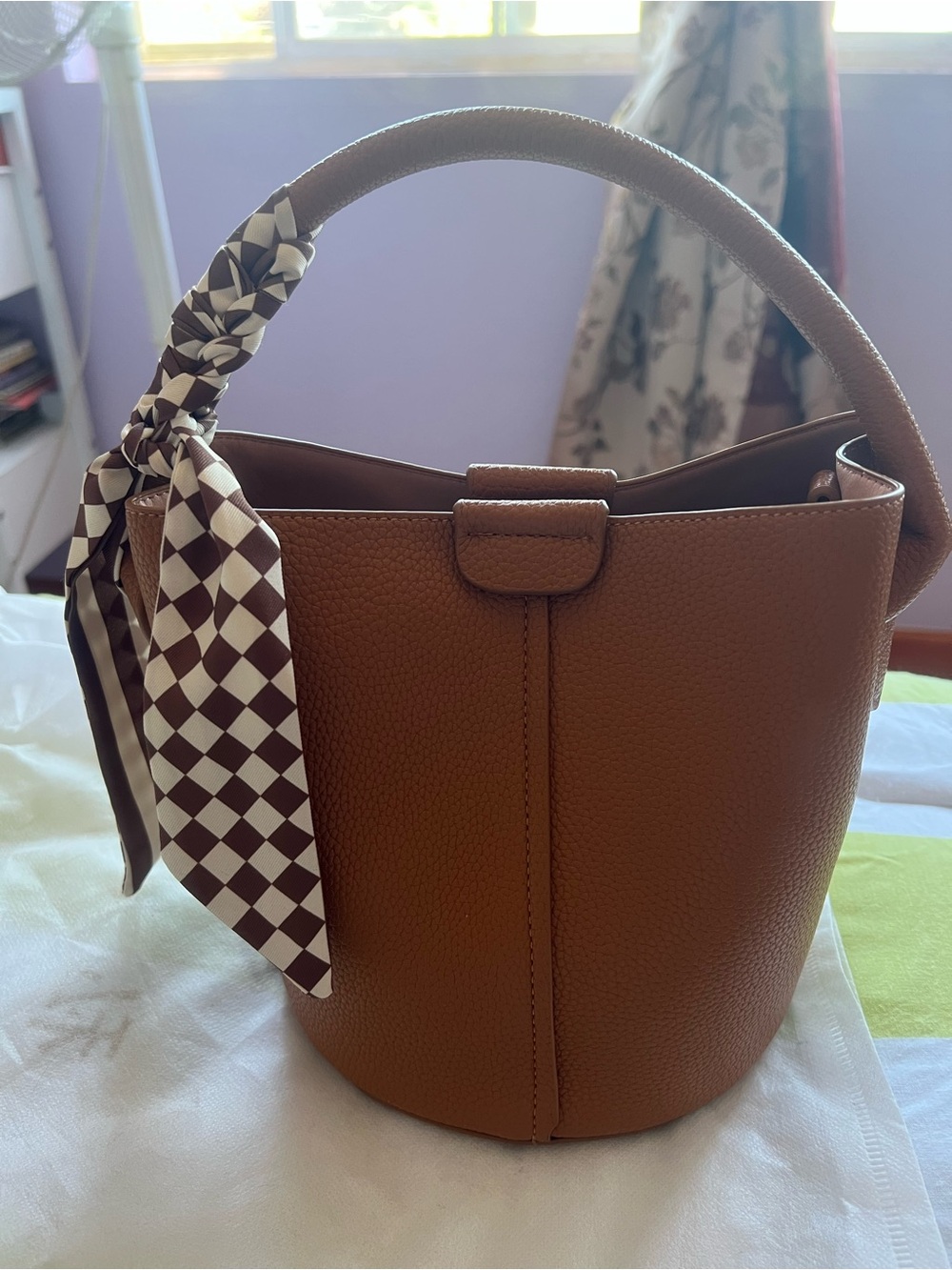 Classic Brown Leather Bucket Bag with Scarf Accent